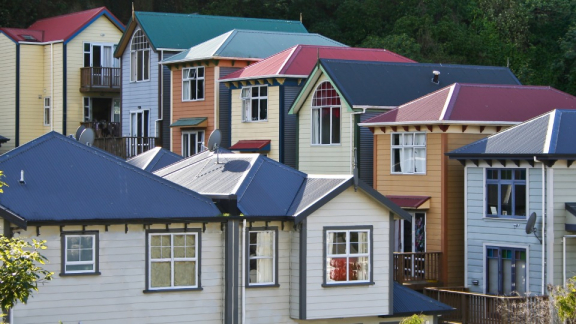 Typische bunte Holzhäuser am Hang in Wellington als Ziel für das Auswandern nach Neuseeland mit DACHSER & KOLB.