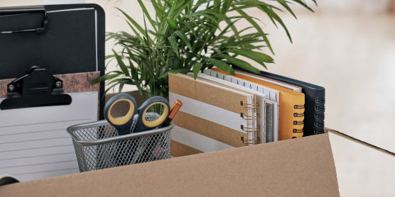 Umzugskarton mit Bürobedarf und Pflanze – Symbolbild für einen Arbeitsplatzumzug