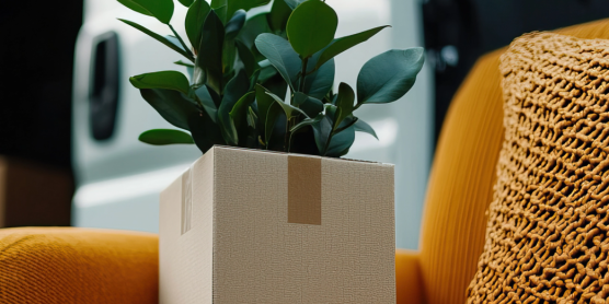Ein gepackter Umzugskarton mit einer Pflanze und ein Sessel vor einem offenen Lieferwagen bei der Endkunden-Belieferung.
