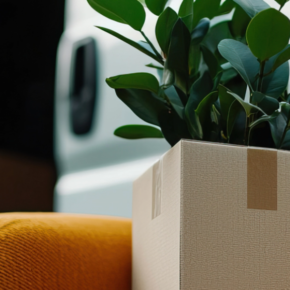 Ein gepackter Umzugskarton mit einer Pflanze und ein Sessel vor einem offenen Lieferwagen bei der Endkunden-Belieferung.