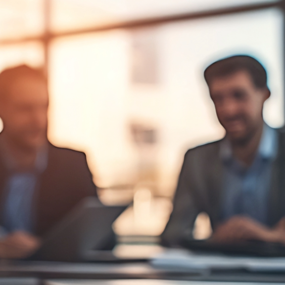 Geschäftliches Treffen der Mitarbeiter bei DACHSER & KOLB in einem modernen Büro mit viel Tageslicht.