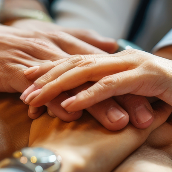 Mehrere Hände übereinander als Symbol für positive Unternehmenskultur und Teamzusammenarbeit.