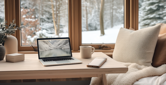 Gemütlicher Arbeitsplatz nach dem Umzug im Winter mit Laptop, Heißgetränk und Blick auf verschneiten Wald