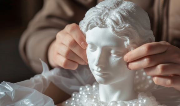 Sorgfältige Verpackung einer Skulptur bei einem VIP-Umzug für prominente Persönlichkeiten zum Schutz wertvoller Gegenstände