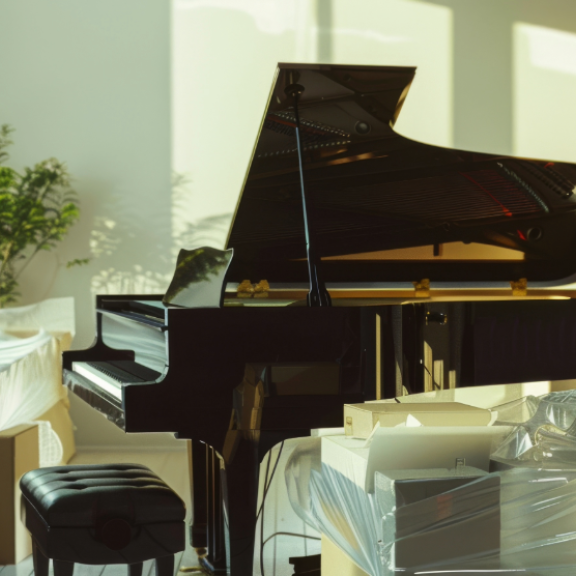 Sicherer Klaviertransport & Flügelumzug – verpackter Flügel in heller Wohnung mit Umzugskartons