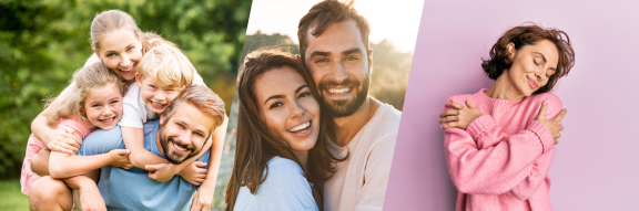 Drei lächelnde Gruppenporträts: Familie mit Kindern im Garten, Paar und Frau umarmt sich selbst. Netzwerke für Umziehende.