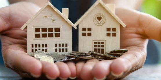 Symbolbild für Versicherung nach dem Umzug – zwei Häuser in Händen mit Münzen als Zeichen für Absicherung.