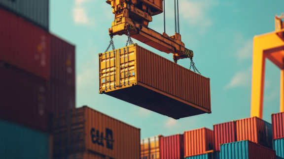 Kran verlädt Less than Container Load LCL auf Schiff im Hafen. Effizienter Warentransport weltweit.