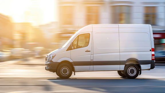 Weißer Transporter im Einsatz als Shuttle-Service für Umzüge oder Pendelfahrzeug in der Stadt.