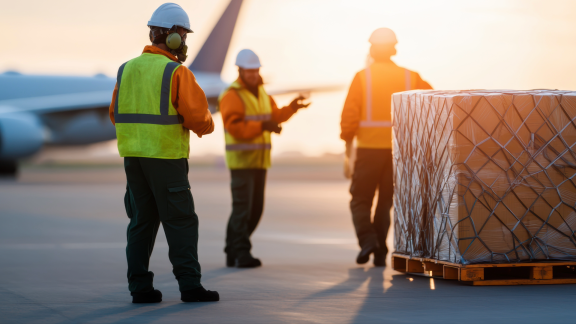 Flughafenarbeiter und verpackte Luftfracht vor einem Flugzeug im Morgenlicht. Logistik und schneller Transport.