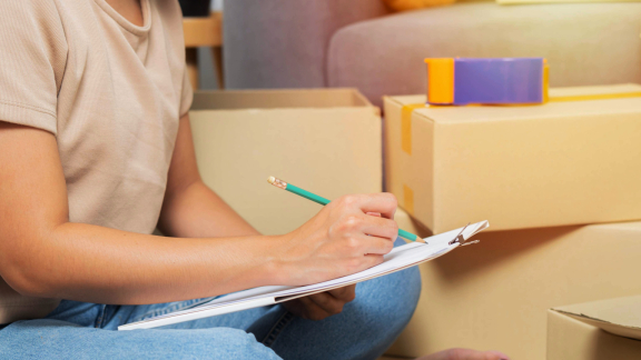 Person sitzt inmitten von Umzugskartons und erstellt eine Inventarliste, typisch für einen 