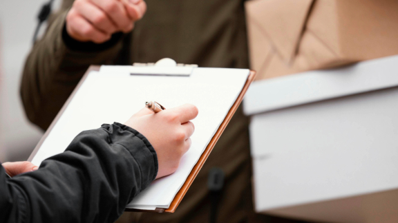 Eine Person unterschreibt auf einem Klemmbrett, während ein Lieferbote Pakete hält. Symbolisiert die Warenübergabe.