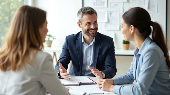 Ein Berater im Gespräch mit zwei Privatpersonen, symbolisiert den Relocation Service für Privatpersonen.
