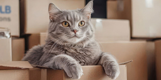 Graue Katze sitzt in Umzugskarton von DACHSER & KOLB – sicherer Umzug mit Tieren in der Schweiz.