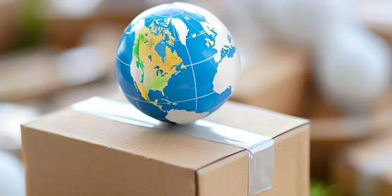 Relocation Service für Expats von DACHSER und KOLB – Ein kleiner Globus steht auf einem verschlossenen Umzugskarton für den weltweiten Auslandsumzug.
