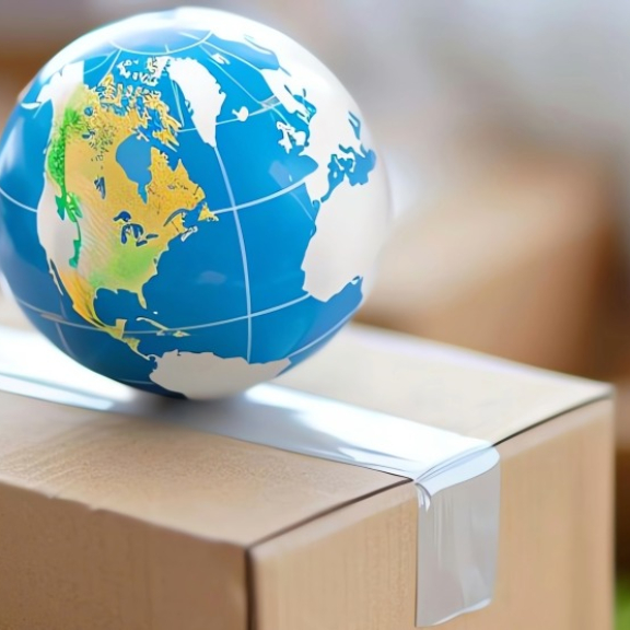 Relocation Service für Expats von DACHSER und KOLB – Ein kleiner Globus steht auf einem verschlossenen Umzugskarton für den weltweiten Auslandsumzug.