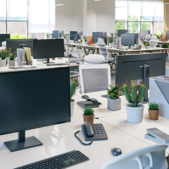 Modernes Großraumbüro mit perfekt eingerichteten IT-Arbeitsplätzen nach dem Firmenumzug.