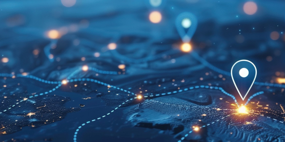 Eine stilisierte, digitale Weltkarte mit leuchtenden Standort-Pins zur Darstellung des globalen Logistik-Netzwerks von DACHSER & KOLB.