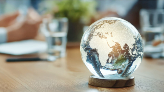 Ein von innen beleuchteter Glasklobus auf einem Besprechungstisch symbolisiert das globale Netzwerk von DACHSER & KOLB für die weltweite Wohnungssuche und Relocation von Expats.