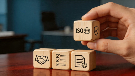 Eine Hand platziert einen Holzklotz mit ISO-Zertifizierung und Schutzschild auf Würfeln mit Symbolen für Verträge und Compliance im Logistik-Risikomanagement.