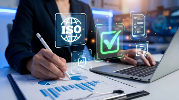 Eine Person prüft Dokumente und Grafiken zur ISO 9001 und ISO 14001 Qualitätsmanagement-Zertifizierung von DACHSER & KOLB am Laptop.